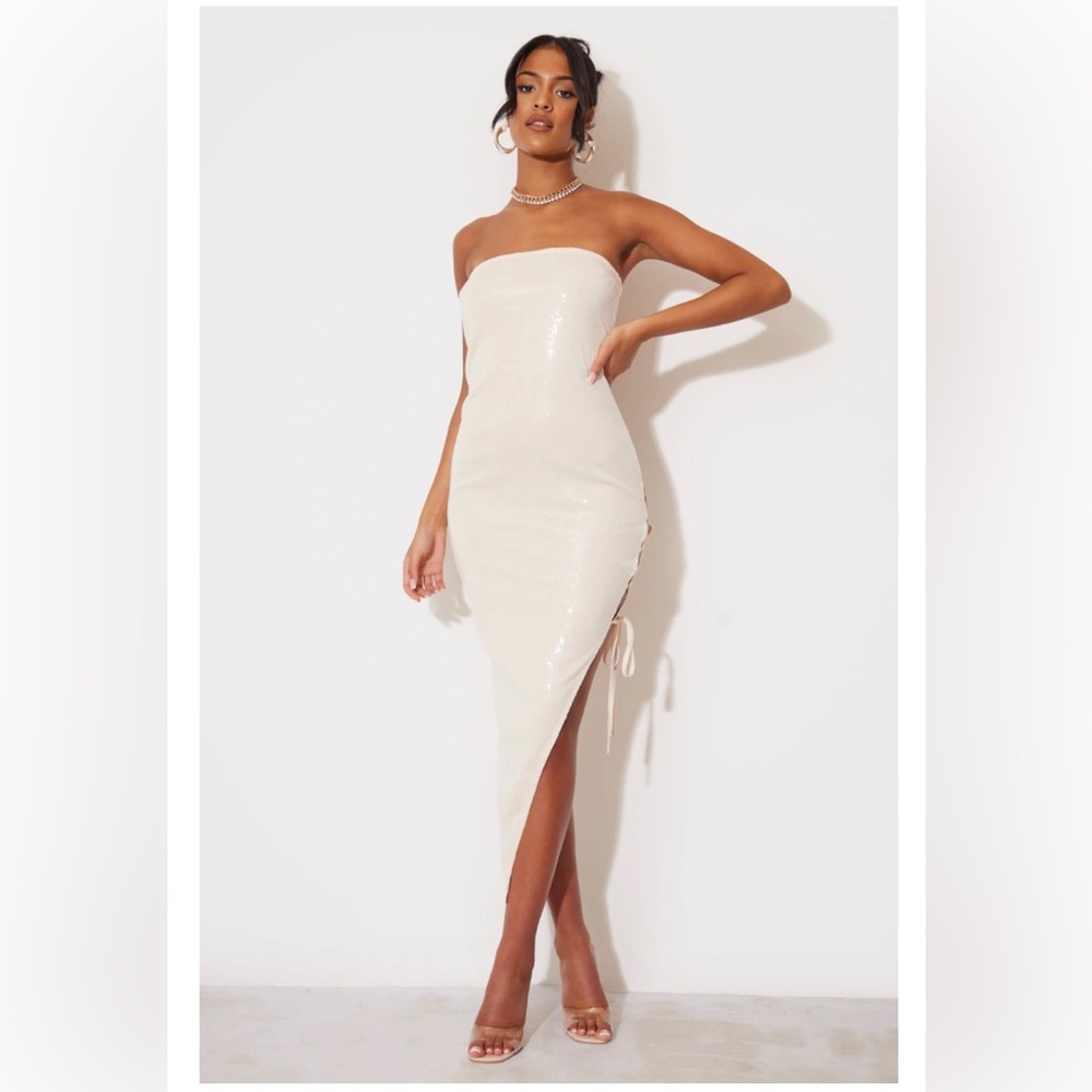 Tall Nude Sequin Bandeau Strapless MIDI Dress ✨